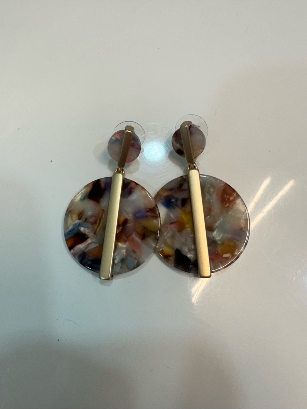 Multicolor Resin Circle Drop Earrings with Gold Bar
